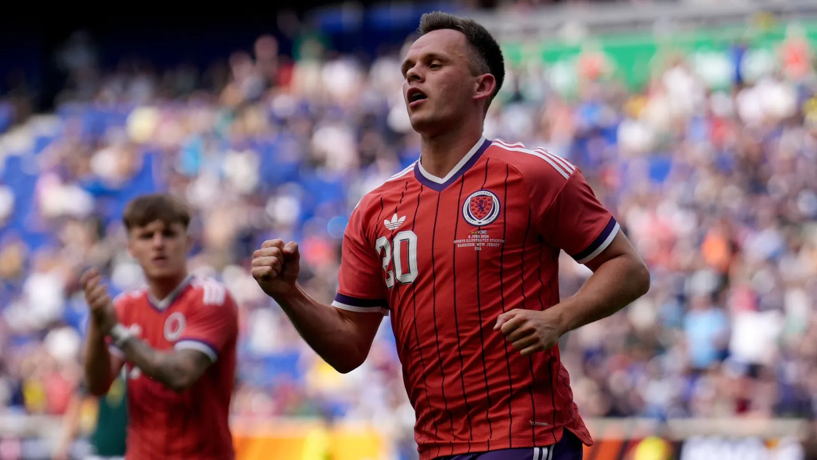 Lawrence Shankland celebrates after putting Scotland 1-0 up against Bolivia