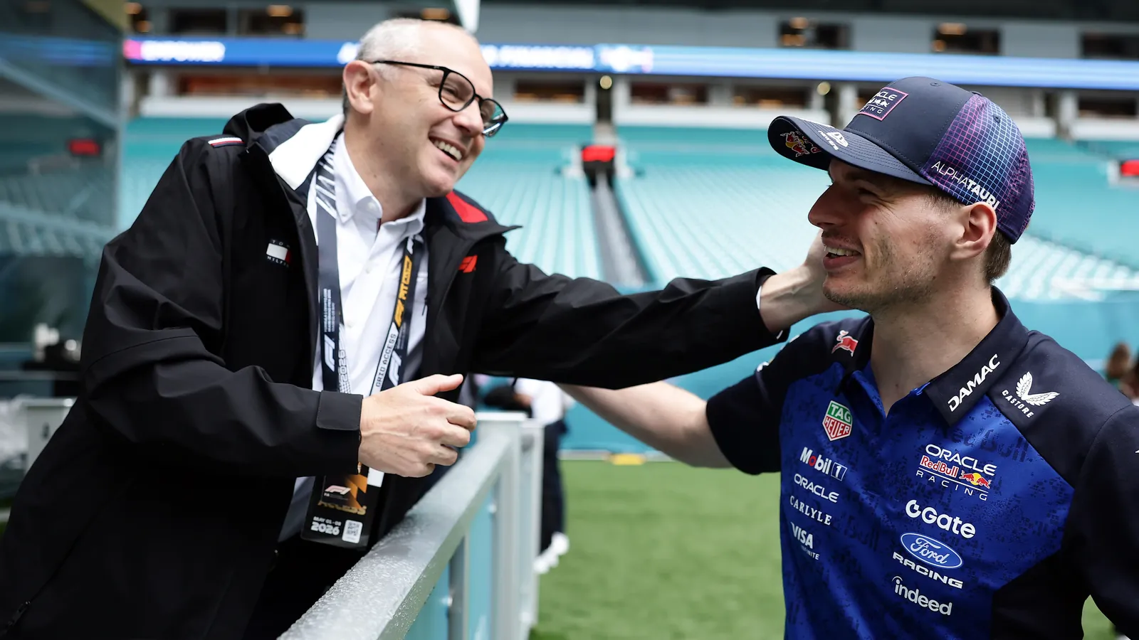 MIAMI, FLORIDA - MAY 03: Stefano Domenicali, CEO of the Formula One Group talks with Max Verstappen